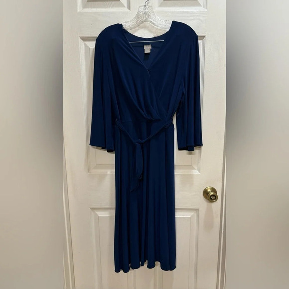 Chico's Dresses & Skirts - Chicos Faux Wrap Dress Navy V Neck Kimono Sleeves Midi A Line Work Size 2 US Lg